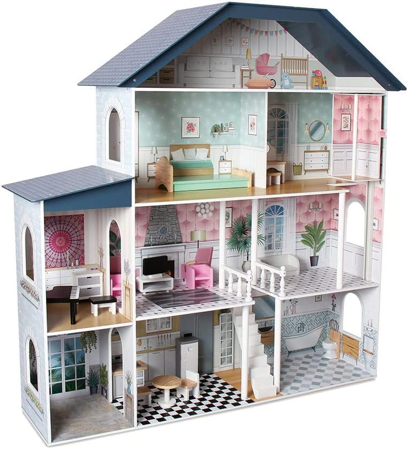 Dřevěný domeček pro panenky Deqube, 4 patra, domeček pro panenky s odlišnou a úhlednou výzdobou v každém pokoji, se 17 doplňky - Velikost 135 X 36 X 128 Cm (913D00016) Naty Shop Domky pro panenky Výchozí název