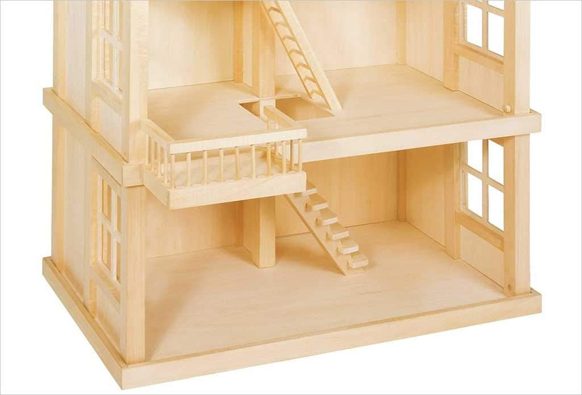 51957 Dřevěný domeček pro panenky, 65 x 35 x 87,5 cm – velký dřevěný domeček pro panenky, 3 patra, otevřený design, červená střecha, schody a balkón pro kreativní hraní rolí, svět domečku pro panenky