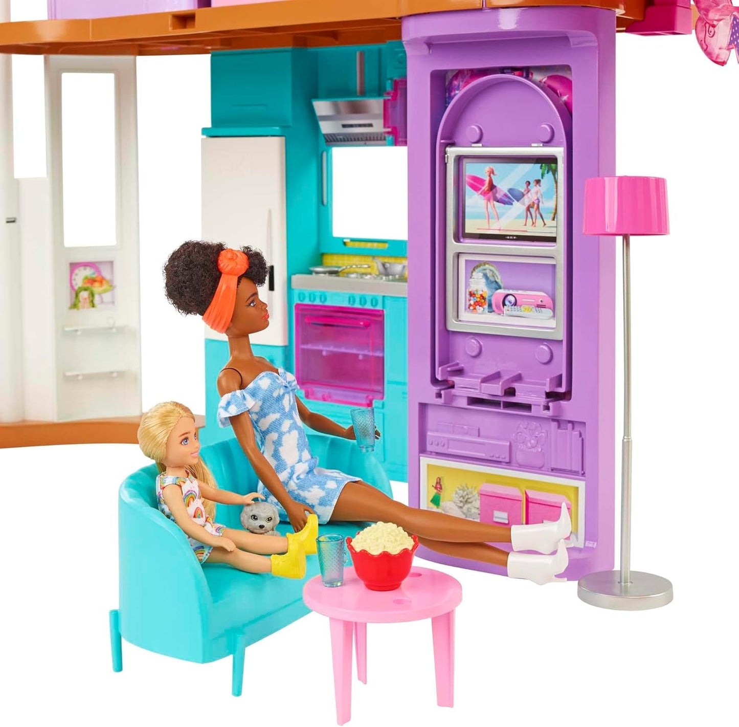 Prázdninový dům Barbie (116 x 77,9 cm), 6místný domeček na hraní, kompletně zařízený s příslušenstvím, nábytkem a výtahem, skládací a úložný, panenka, dárek pro děti od 3 let, HCD50