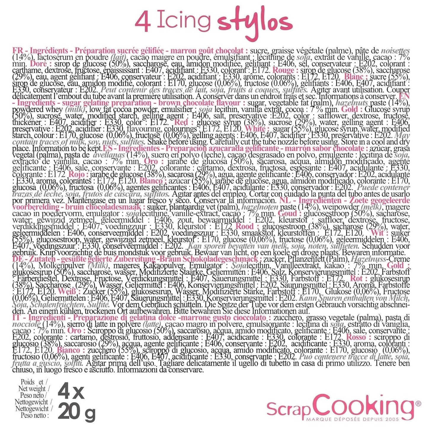 Scrapcooking - 4dílné popisovače: zlaté, čokoládové, bílé a červené - dekorativní jedlá pera pro psaní a kreslení na zákusky, dorty a sušenky