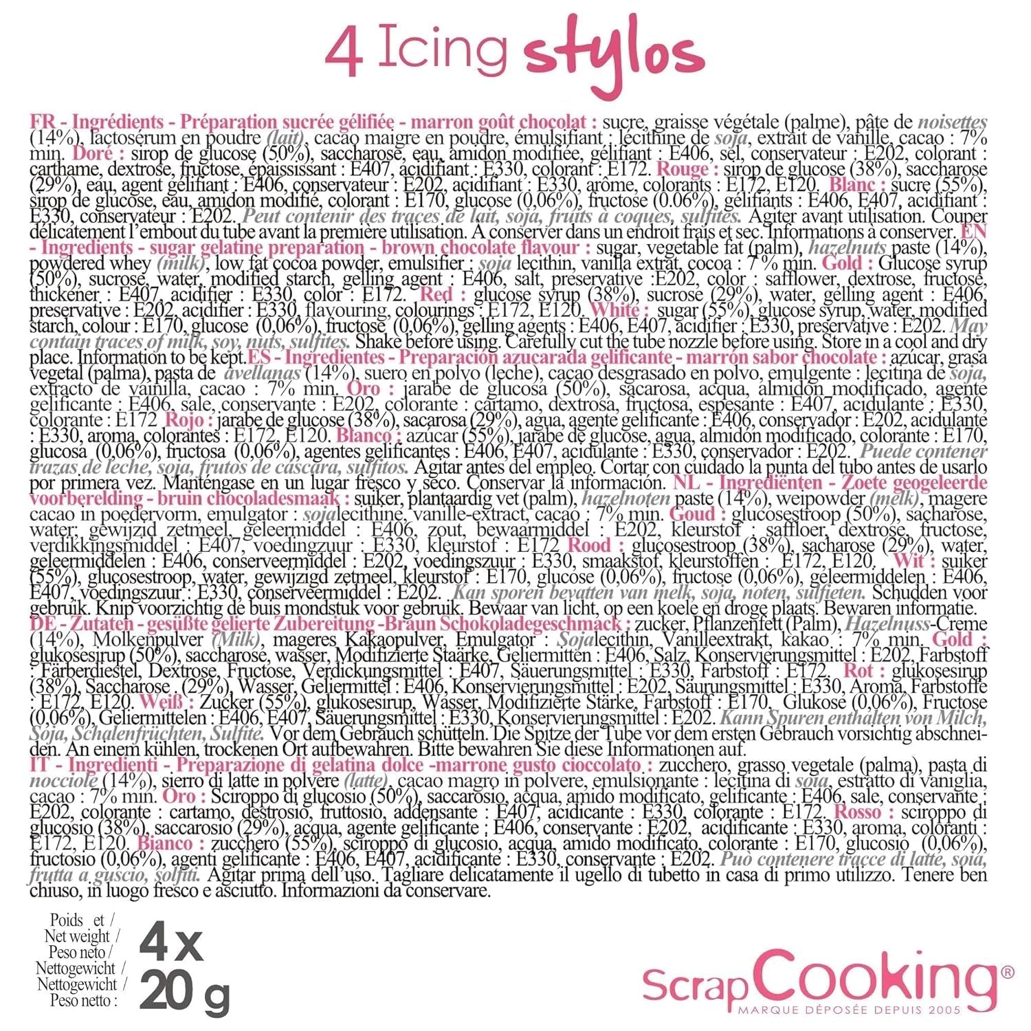 Scrapcooking - 4dílné popisovače: zlaté, čokoládové, bílé a červené - dekorativní jedlá pera pro psaní a kreslení na zákusky, dorty a sušenky