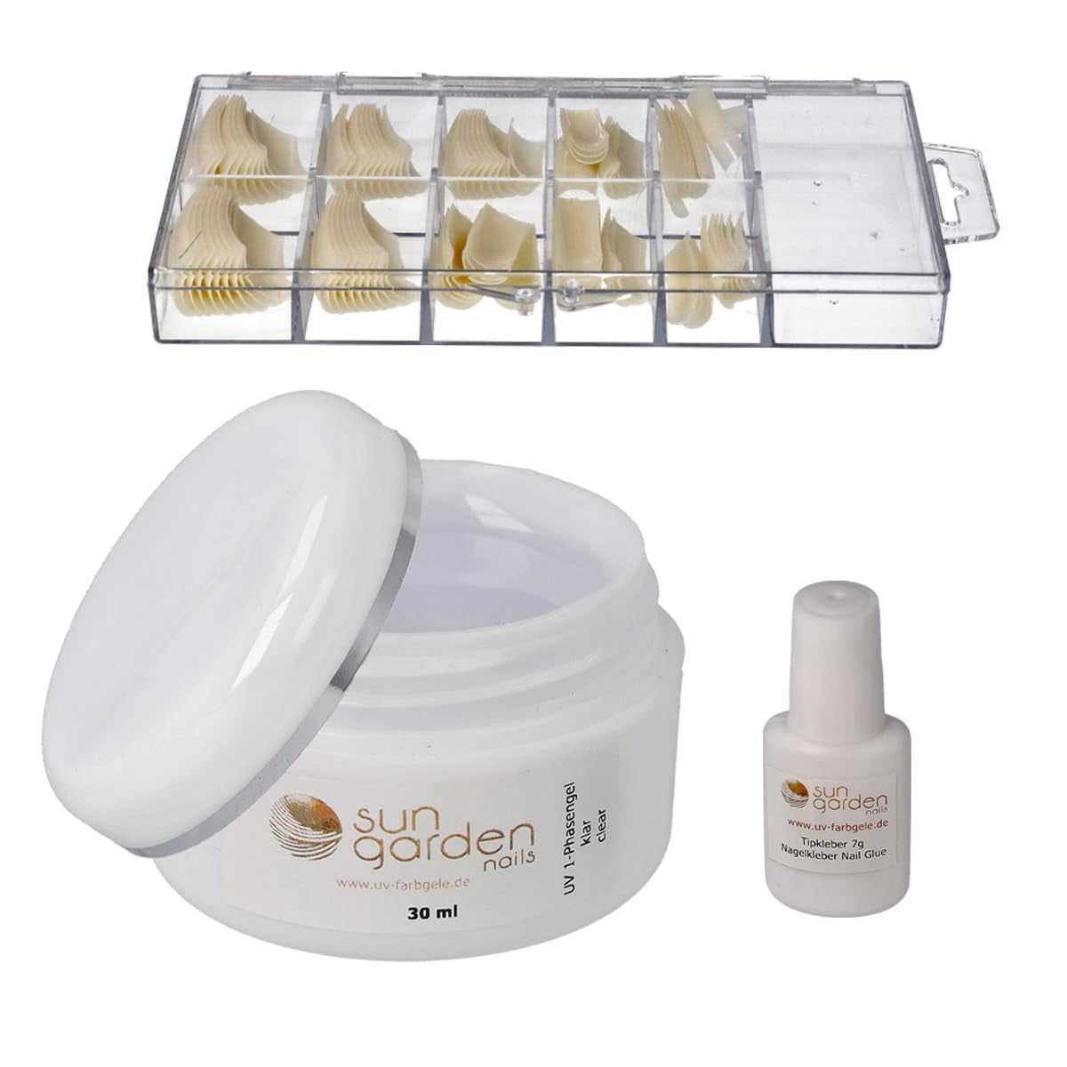 Sun Garden Nails jednofázový transparentní gel 30ml + krabička 100 tipů + lepidlo na tipy 7ml