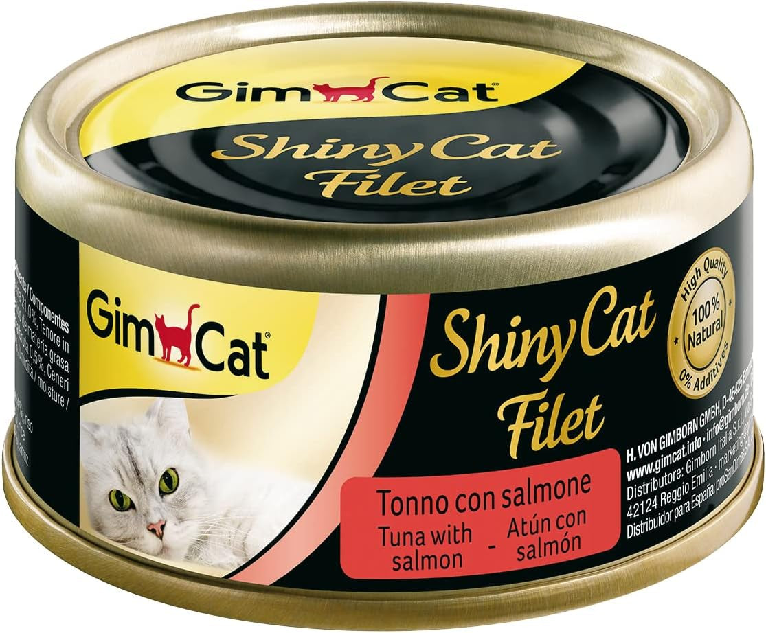 GimCat ShinyCat Fillet - Krmivo pro dospělé kočky se 100% filetem - Bez přidaného cukru, bez lepku - Tuňák s lososem - 1 plechovka (1 x 70 g)