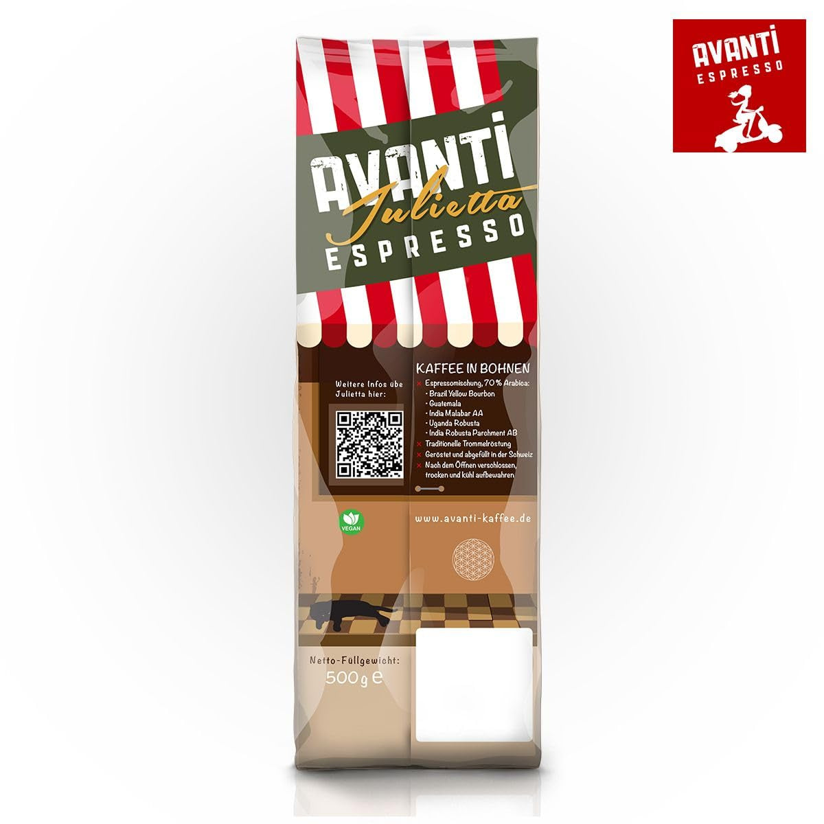 AVANTI Julietta Espresso zrnková káva, 500 g, 70 % Arabica 30 % Robusta, tradiční pražení v bubnu