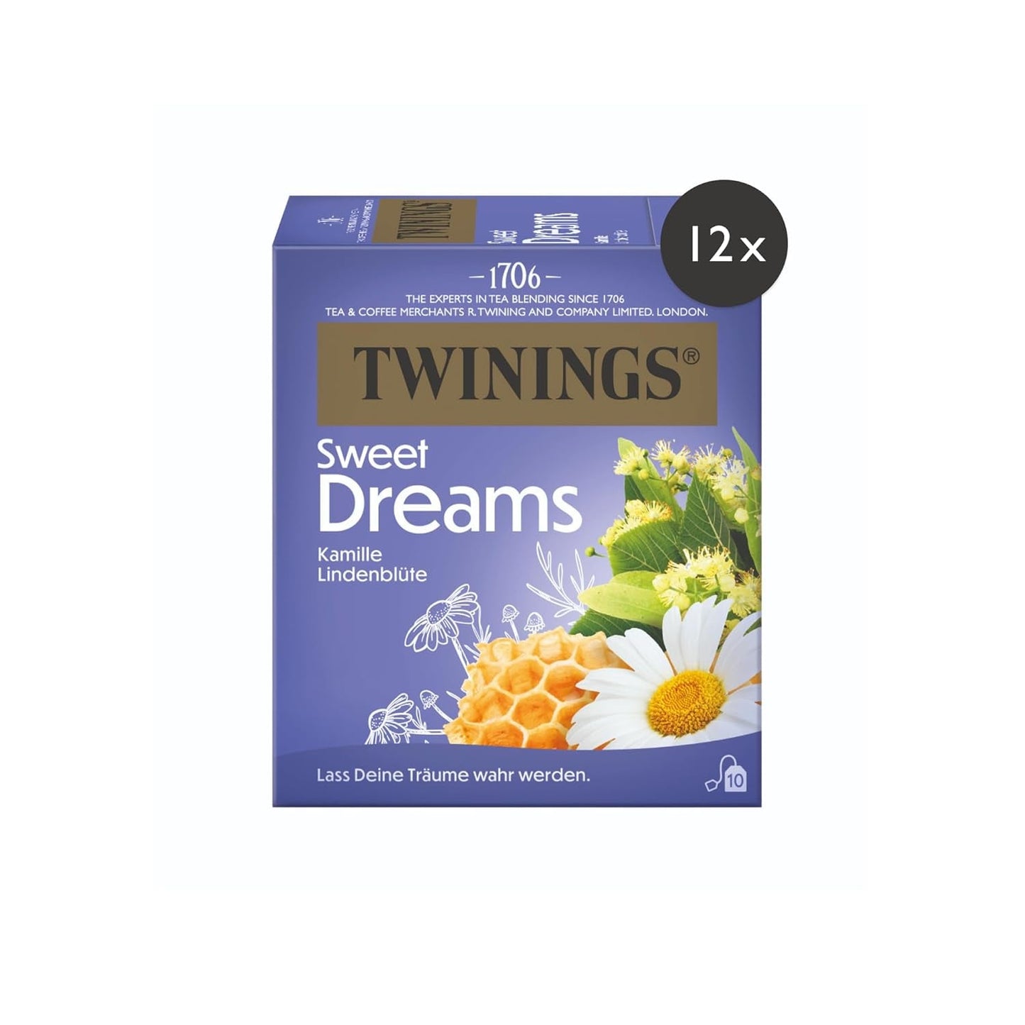 Twinings SWEET DREAMS Heřmánkový čaj s medem, pomerančem a lipovým květem - sladká směs bylinných čajů pro přirozené zlepšení spánku, 12 balení (10 čajových sáčků každý)