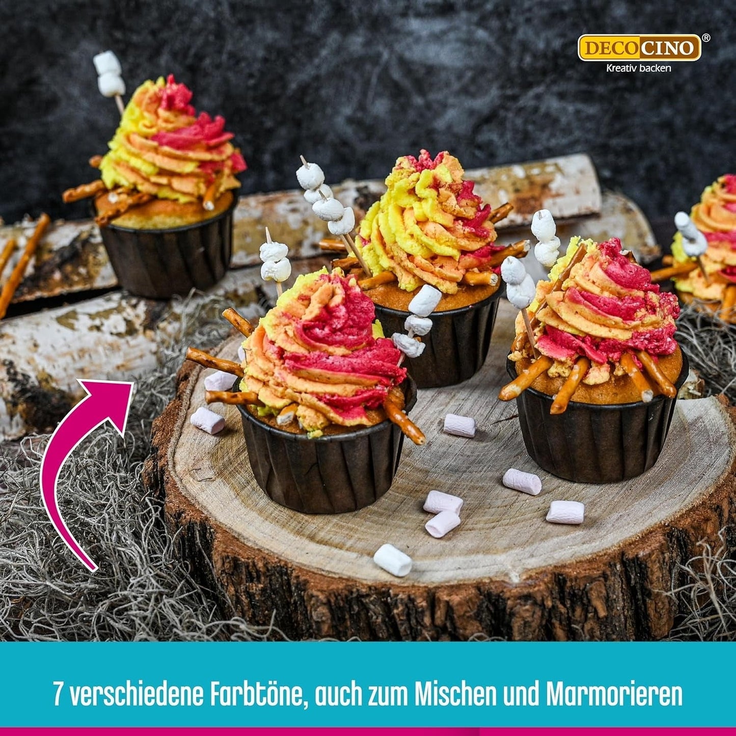 Sada 6 barevných past Decocino - 6 x 20 g - Potravinářské barvivo v červené, růžové, zelené, žluté, modré a černé barvě, ideální pro barvení dortů, fondánu a krémů - Bez azo a bez lepku