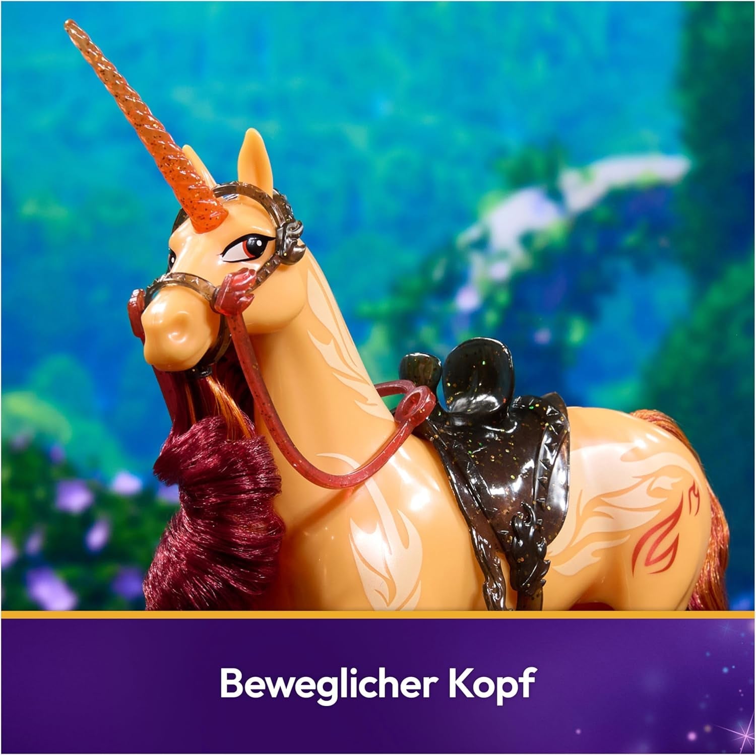 Unicorn Academy Cinder the Unicorn – 28 cm vysoký, originální jednorožec Valentina ze série Netflix, se skutečnou hřívou a ocasem, odnímatelnou uzdou a sedlem a kartáčem, pro děti od 4 let