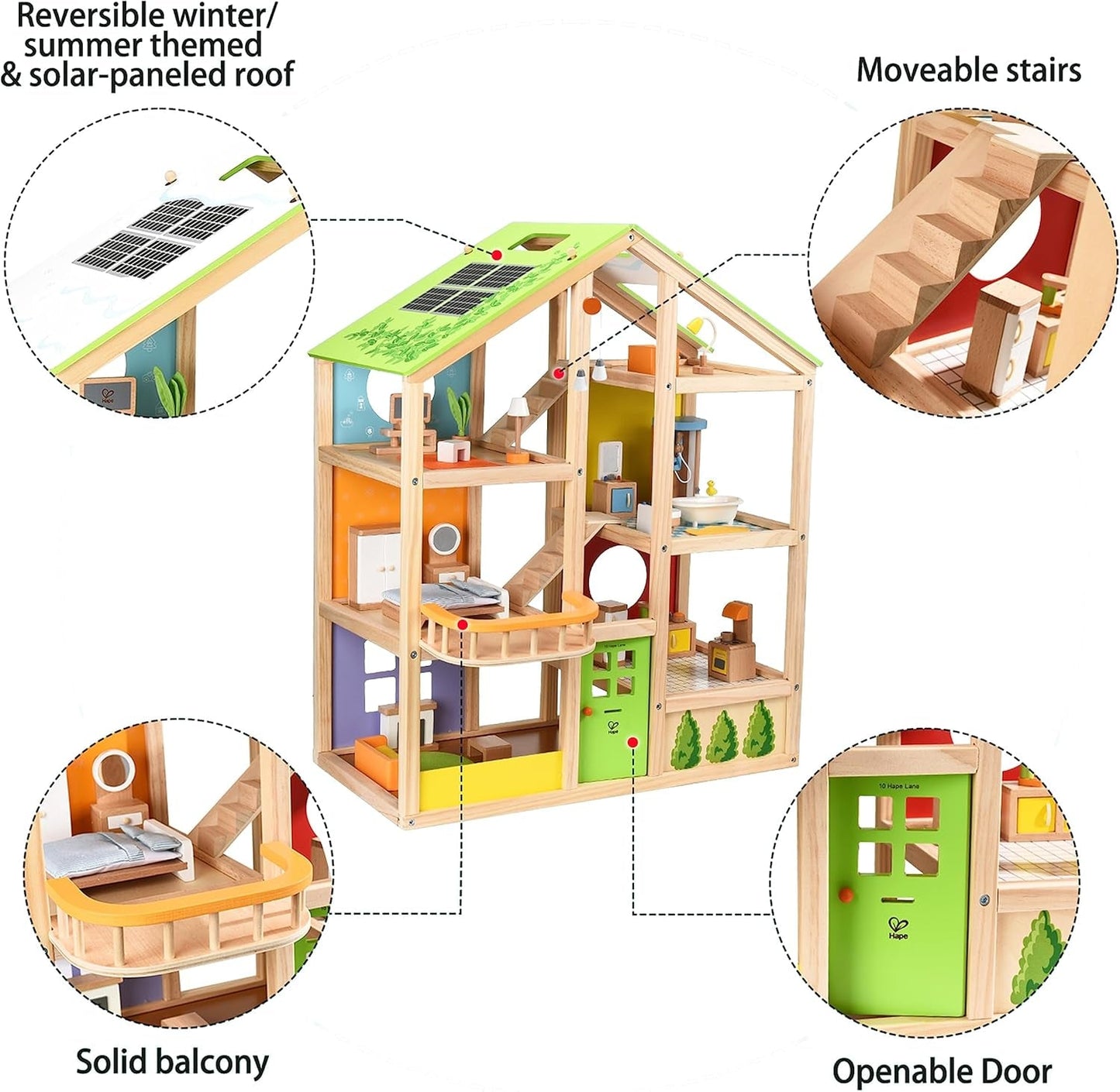 Hape Four Seasons Dollhouse - oceněný třípatrový dřevěný domeček pro panenky s nábytkem, doplňky, posuvnými schody a otočnou střechou pro všechna roční období, pro děti od 3 let