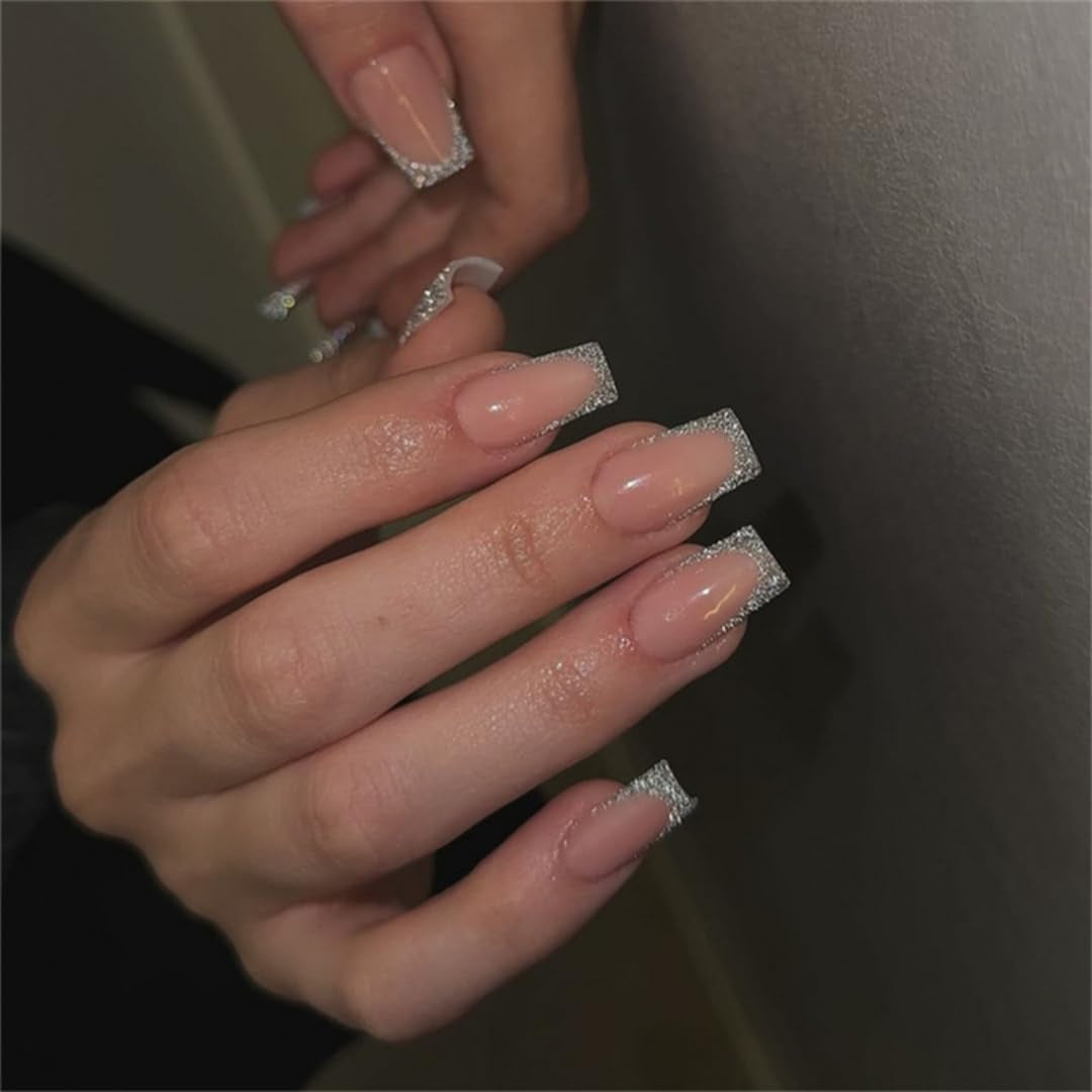 Dlouhé francouzské tipy Zlaté třpytivé lepidlo na dlouhé čtvercové nehty Glitter French Tip Sada umělých nehtů čtvercové umělé nehty pro ženy 24ks
