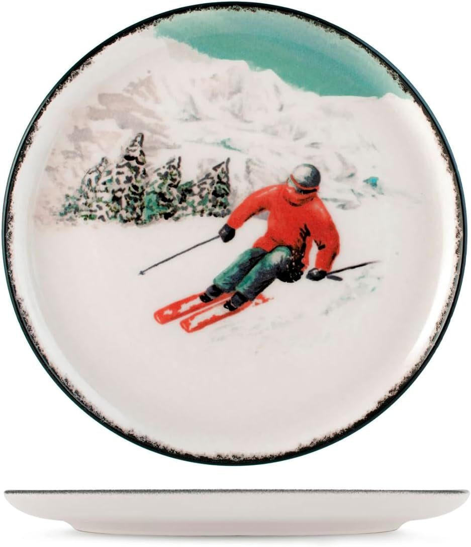 Winter Escape 12dílná sada vánočního nádobí z kameniny – design Nordic Winter Skier – Vhodné do myčky a mikrovlnné trouby