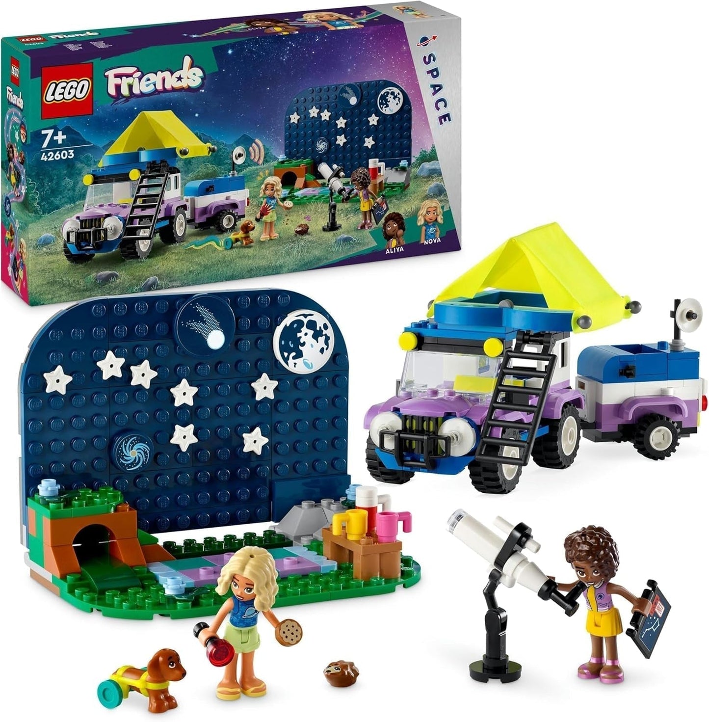 Stavebnice LEGO Friends Stargazer s terénním vozidlem a dalekohledem, dárek pro dívky a chlapce od 7 let, obsahuje figurky na hraní Nova, Aliya a pes 42603 Stavebnice Besuche den LEGO-Store Single