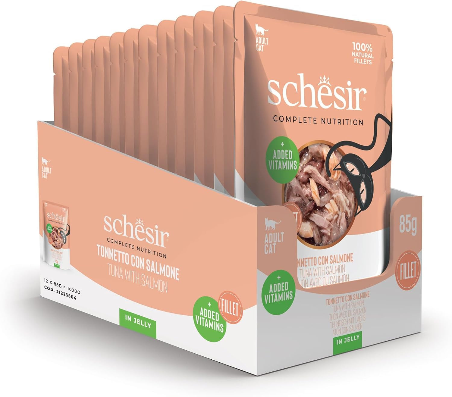 , Tunfisch mit Lachs in Gelee, kompletuje Nassfutter für Katzen, im Beutel, 100% natürliche Inhaltsstoffe, tierversuchfrei, 12 x 85 g