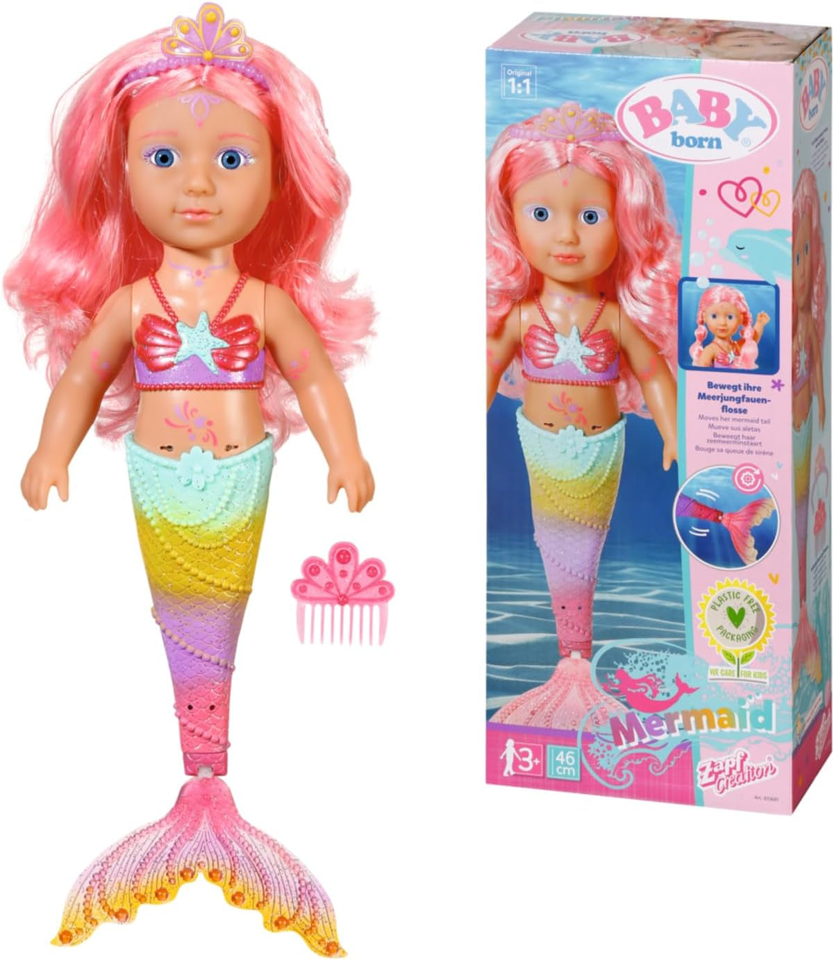 BABY Born Little Sister Mermaid 46 cm Voděodolná panenka mořská panna s dlouhými vlasy a pohyblivou třpytivou ploutví, vč. diadém a hřeben, 833681 Zapf Creation Dolls Naty Shop Single