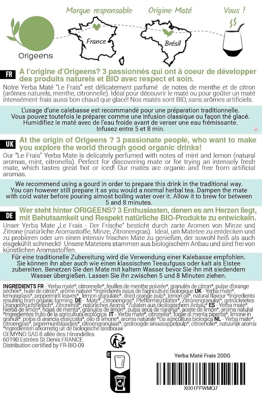 ORIGEENS BIO YERBA MATE S MÁTOU A CITRONEM 200 G - Čerstvost I Nepražené Bio Yerba Maté, listy, bez stonků a prachu