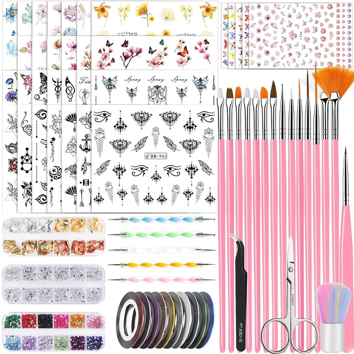 53 Blätter Nagelsticker, Nail Art Pinsel Und Dekorationen Set, 15 PCS Pinsel, 5 PCS Dotted Pen, Strasssteine, Blattgold Für Nagelkunst, Nagel Pailletten, Nagelkunstwerkzeuge Und Dekorationssets