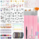 53 Blätter Nagelsticker, Nail Art Pinsel Und Dekorationen Set, 15 PCS Pinsel, 5 PCS Dotted Pen, Strasssteine, Blattgold Für Nagelkunst, Nagel Pailletten, Nagelkunstwerkzeuge Und Dekorationssets