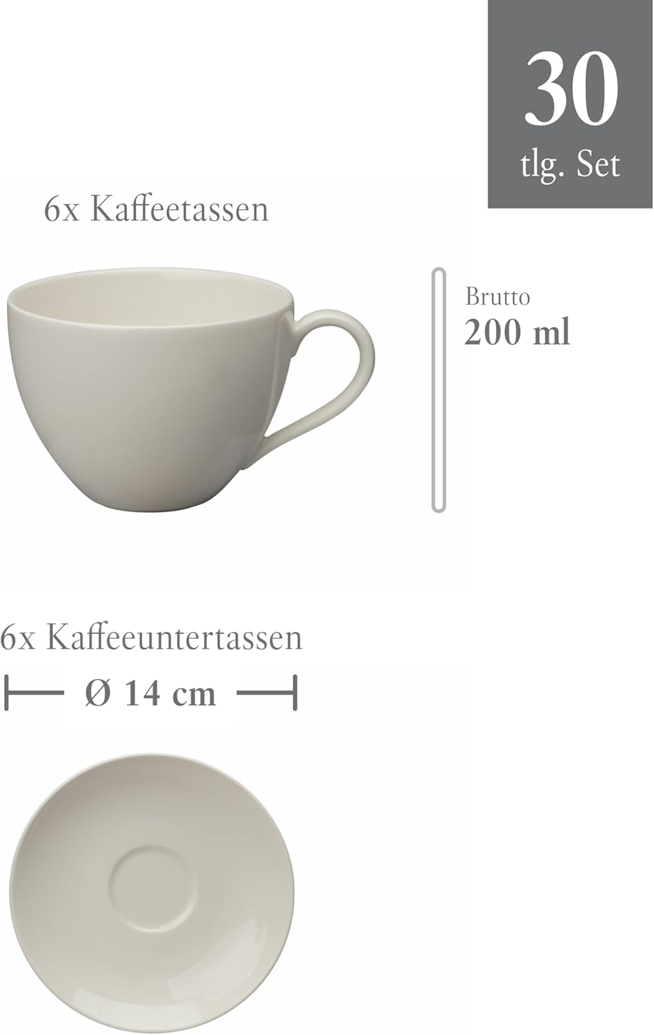 vivo - Villeroy & Boch Group - Basic White 30dílná sada nádobí, vhodné do myčky a mikrovlnné trouby, Bílá sada nádobí, Kávová sada, Keramika, Talíře, Šálky, Premium porcelán