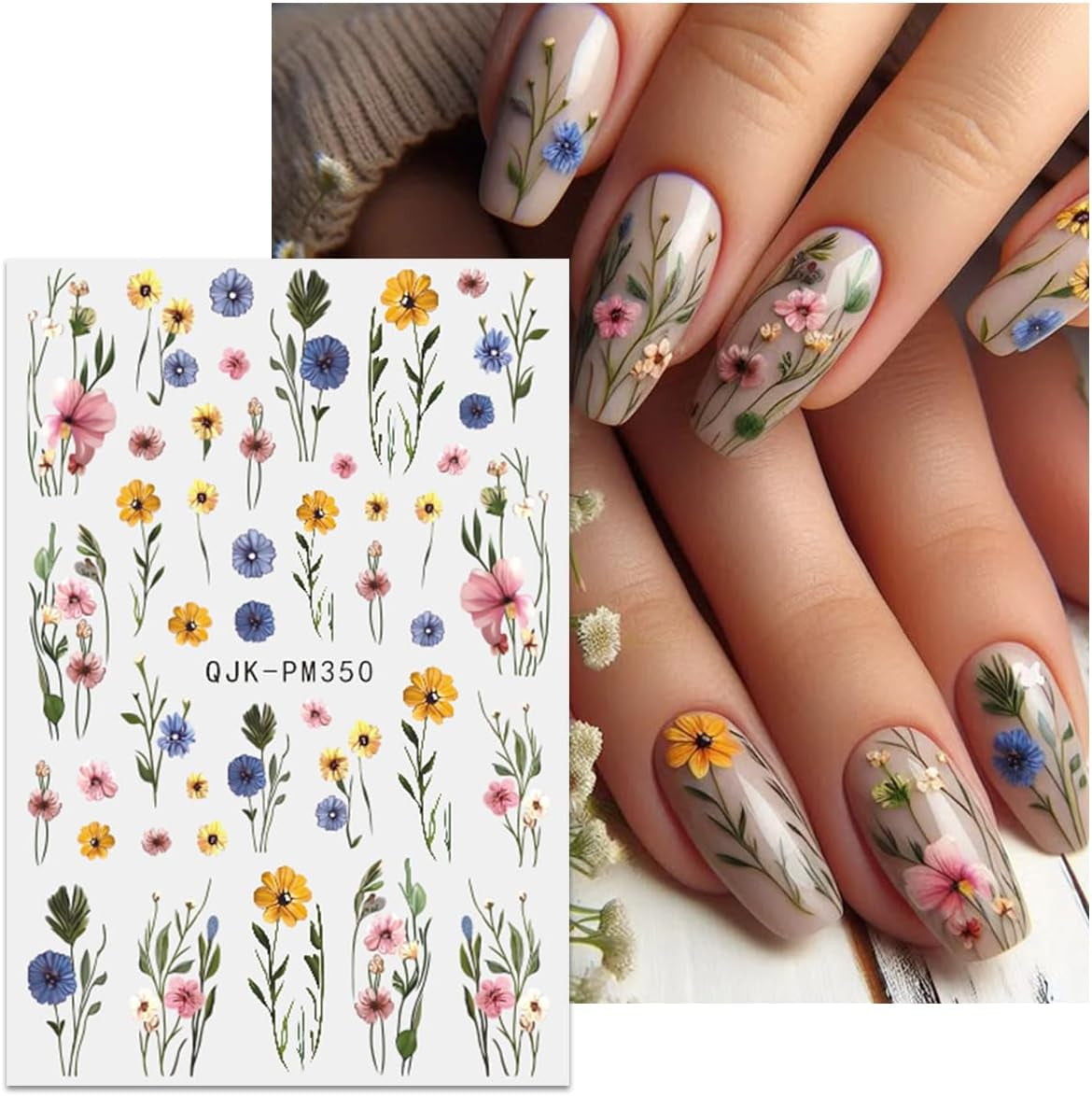 JMEOWIO Samolepka na nehty Bunte Blumen 9 Blatt Samolepka na nehty Selbtklebend Nagelaufkleber Frühling Letní Blumen Dekorace Nageldesign Zubehör
