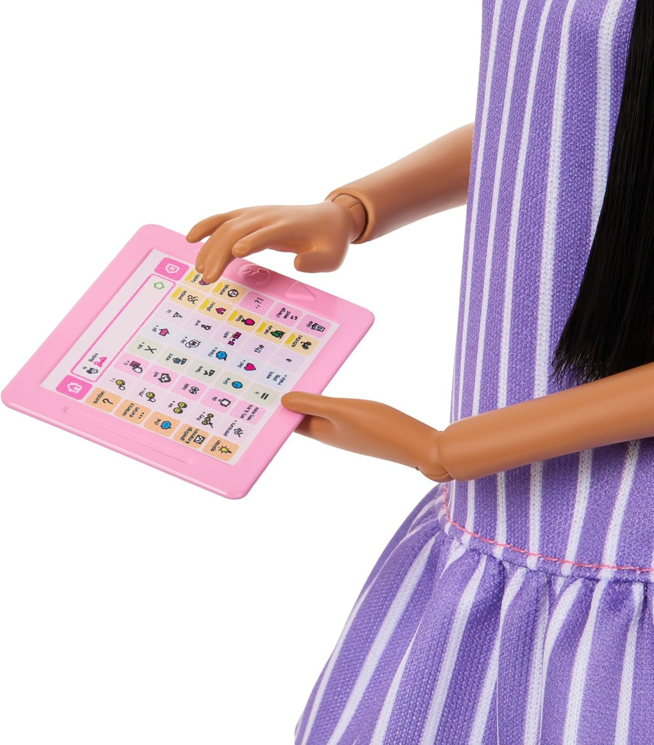 Panenka Barbie Fashionistas č. 245, autistická panenka s fialovými pruhovanými šaty a doplňky jako fidget spinner, tablet a sluchátka, JJN58