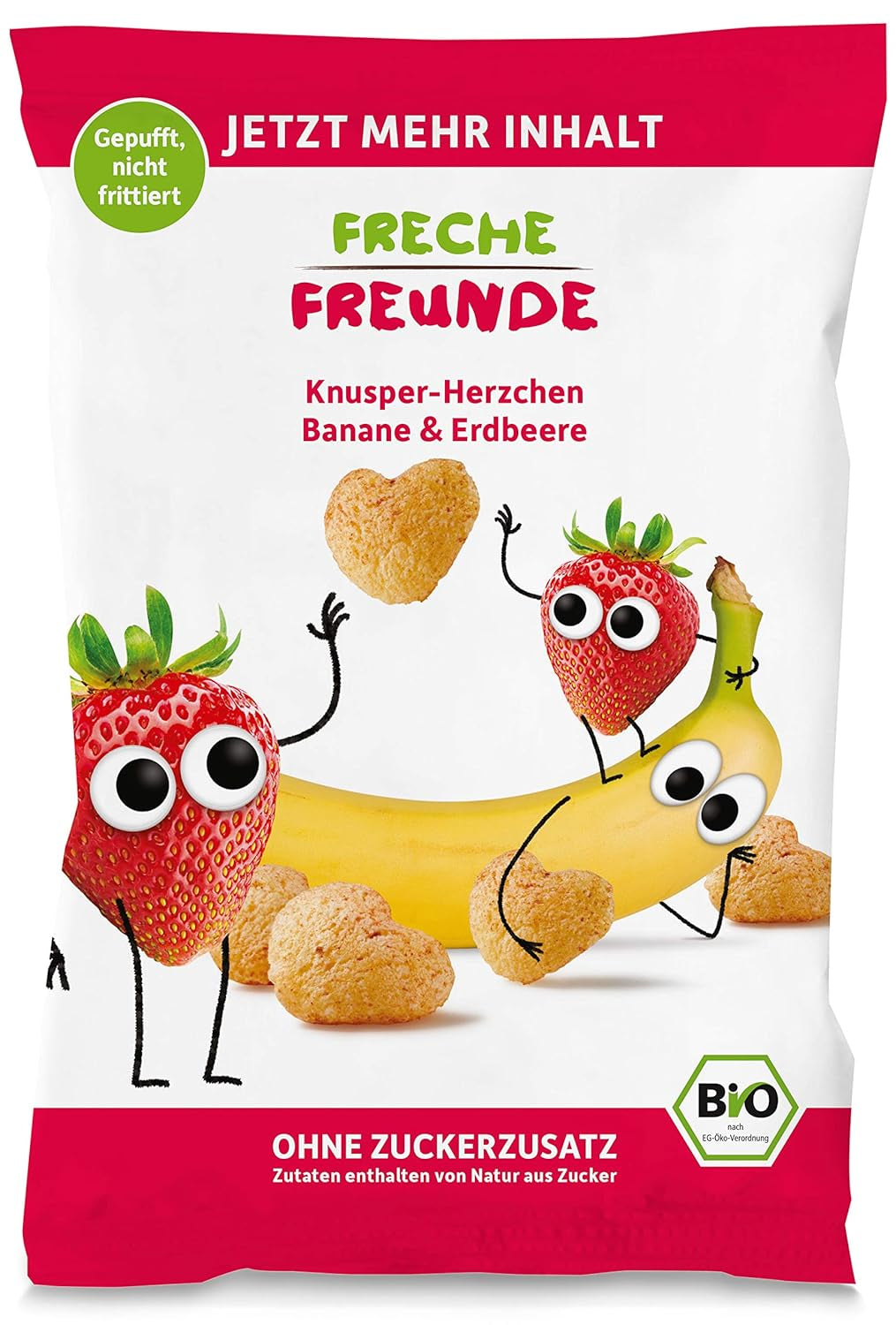 100% jahodové bio ovocné chipsy mrazem sušené jahodové chipsy Balení po 12 kusech (12 x 12 g) a křupavé srdce banán & jahoda bio dětské a kojenecké občerstvení (9 x 30 g) 270 g