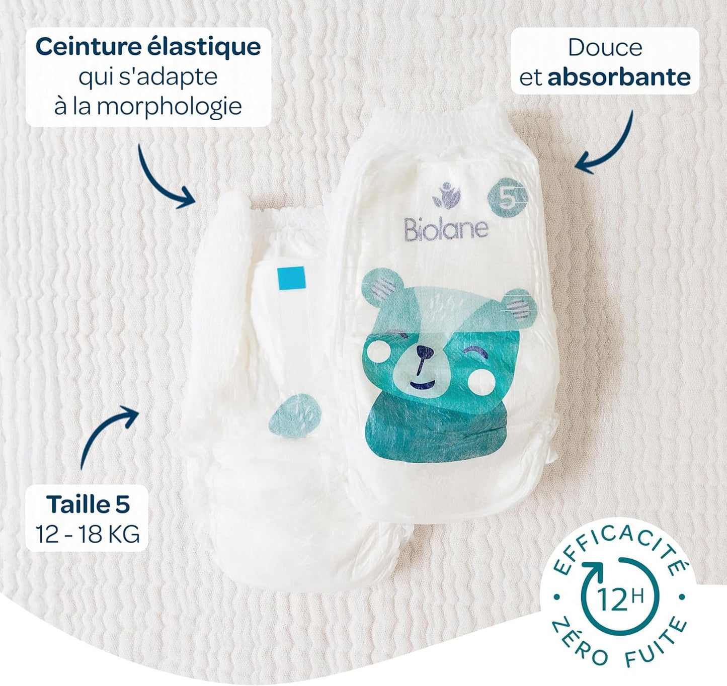 BIOLANE - Krátké plenky - Velikost 5 (12-18 kg) - těsnost 12 hodin - balení 1 měsíc - 120 plen - ekologické