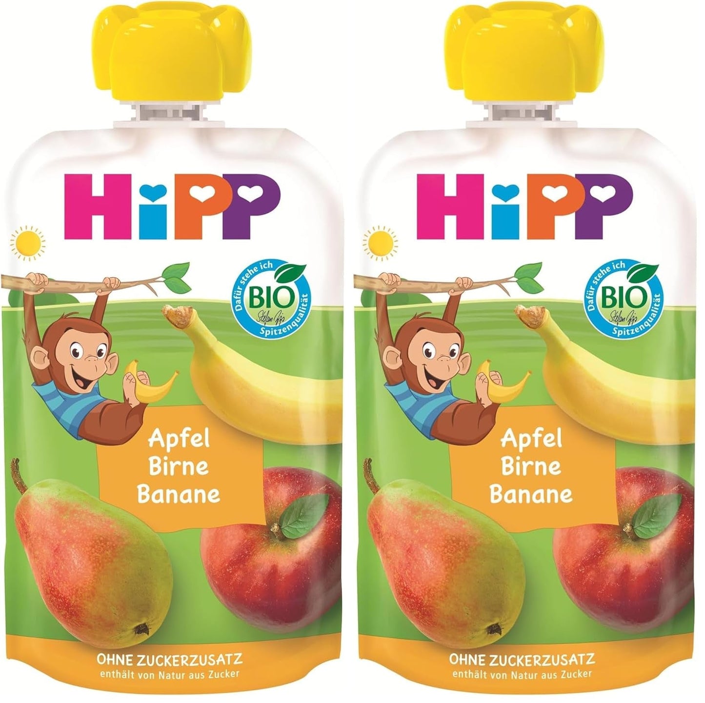 HiPP bio kapsičky na ovoce, lisovatelné, jablko, hruška, banán - Anton Maimuta (8 x 100 g), od 1 roku, 100% ovocné pyré, bez přidaného cukru, vegan, nejlepší bio kvalita (balení 2 ks)