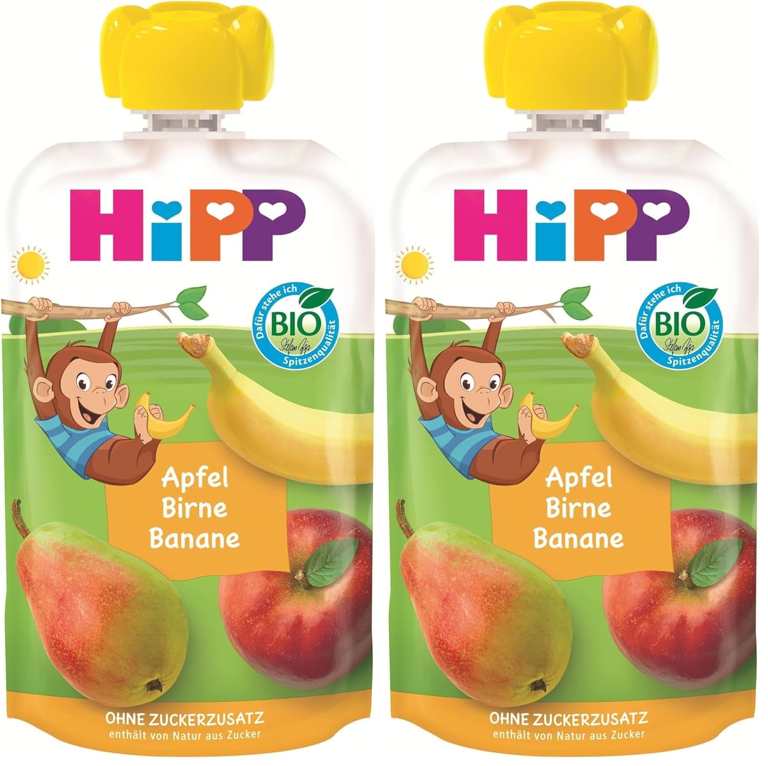 HiPP bio kapsičky na ovoce, lisovatelné, jablko, hruška, banán - Anton Maimuta (8 x 100 g), od 1 roku, 100% ovocné pyré, bez přidaného cukru, vegan, nejlepší bio kvalita (balení 2 ks)