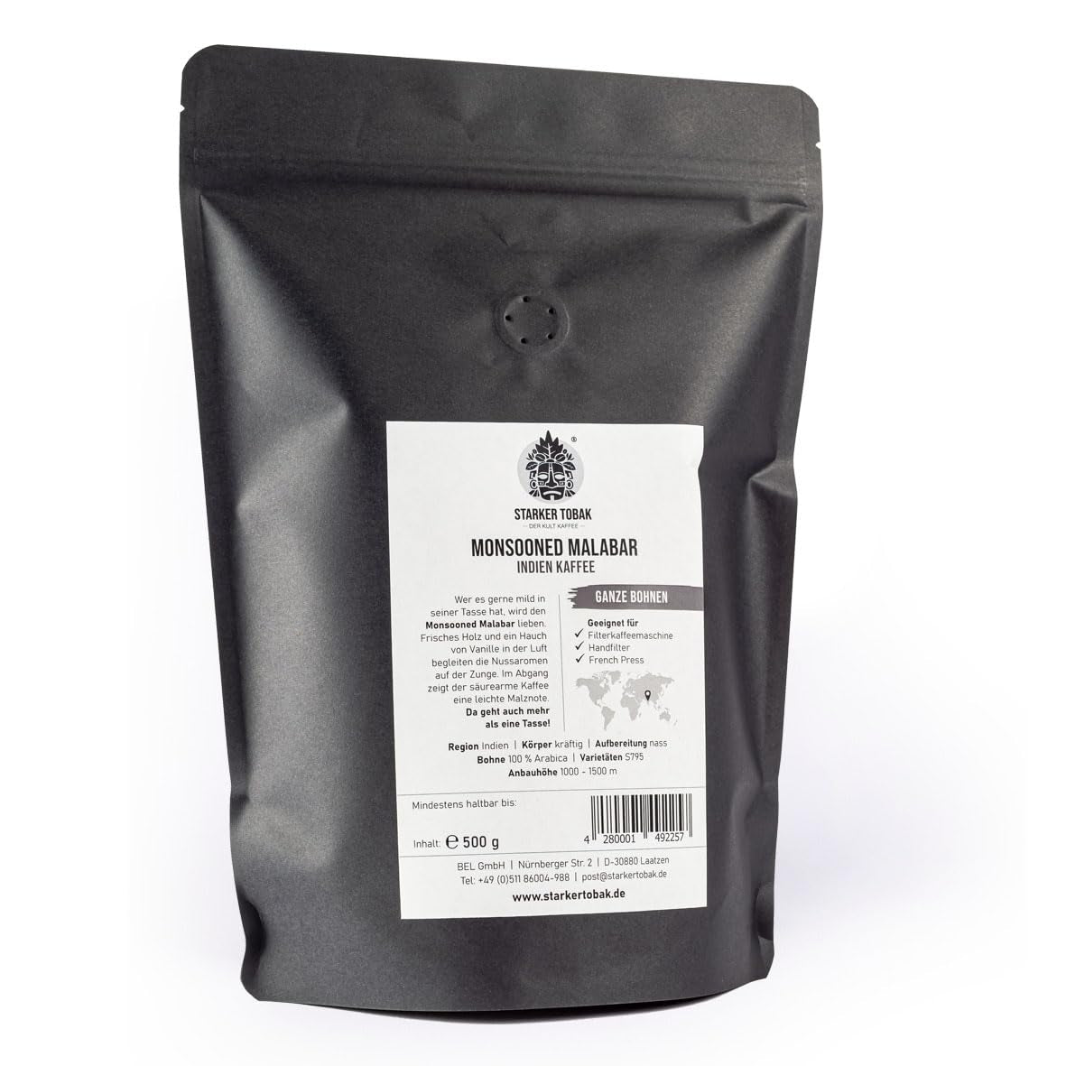 Monzunová malabarská káva STARKER TOBAK, celozrnná, ručně pražená - středně pražená, Indie, 100% Arabica, vhodná pro filtrovanou kávu, French Press, plně automatické kávovary, šetrná k žaludku - extra nízká kyselost