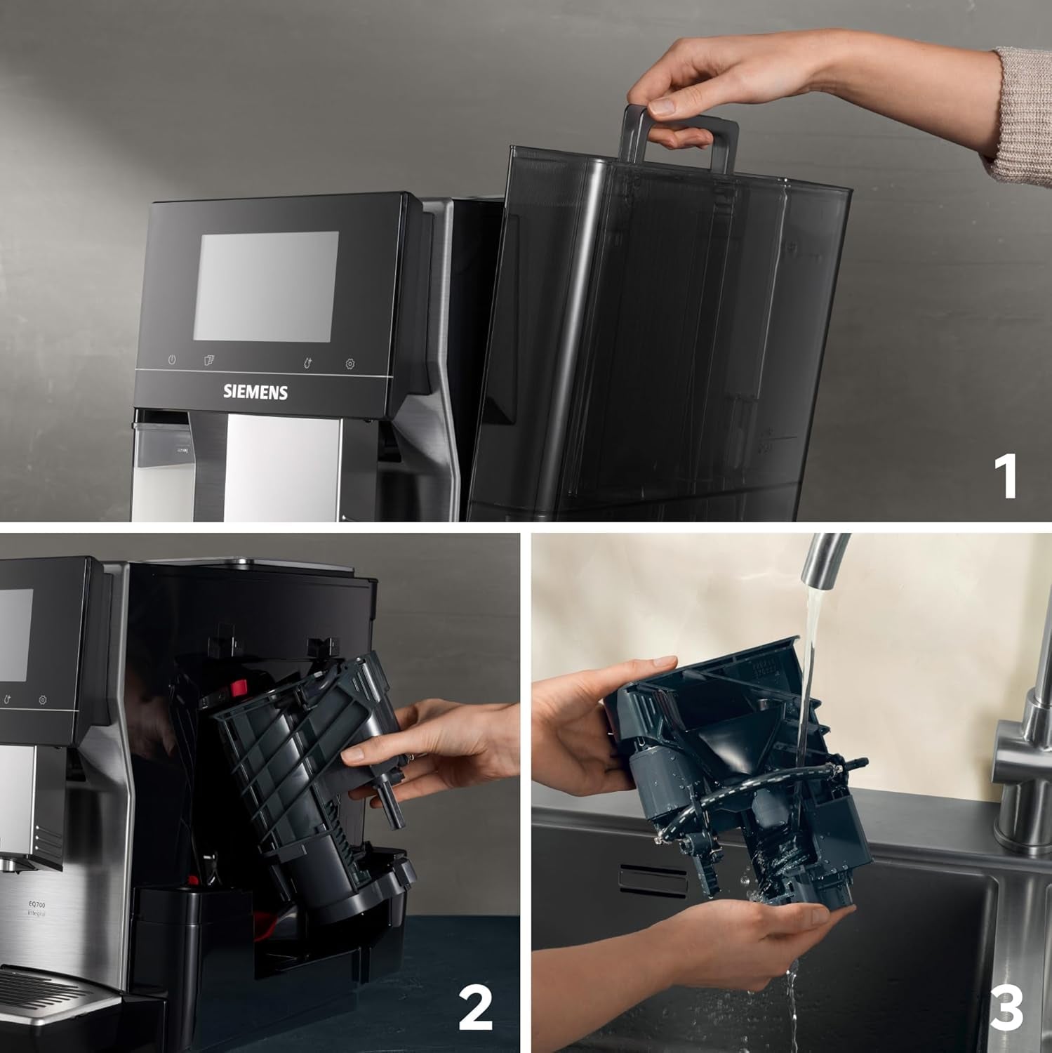 Siemens EQ700 plně automatický kávovar na espresso, velká barevná TFT obrazovka, 36 teplých a studených nápojů, studené vaření, funkce 2 šálků, ovládání aplikací, automatický čisticí systém, černá nerezová ocel, TQ717D03