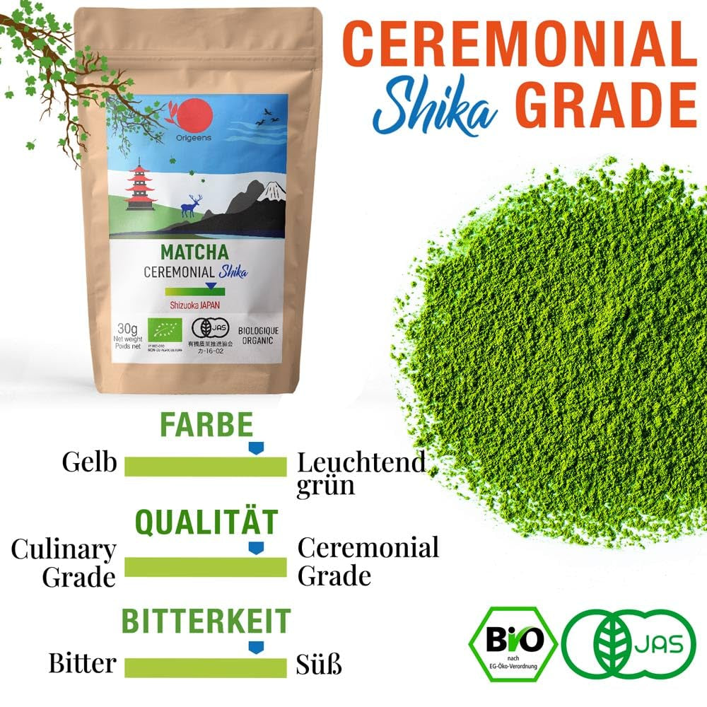 ORIGEENS BIO MATCHA CEREMONIÁLNÍ STUPEŇ "SHIKA" - Organický japonský čaj ze Shizuoka - Matcha Latte/Usucha - 30g doplňovací sáček - Ceremoniální stupeň organického Matcha zeleného čaje v prášku