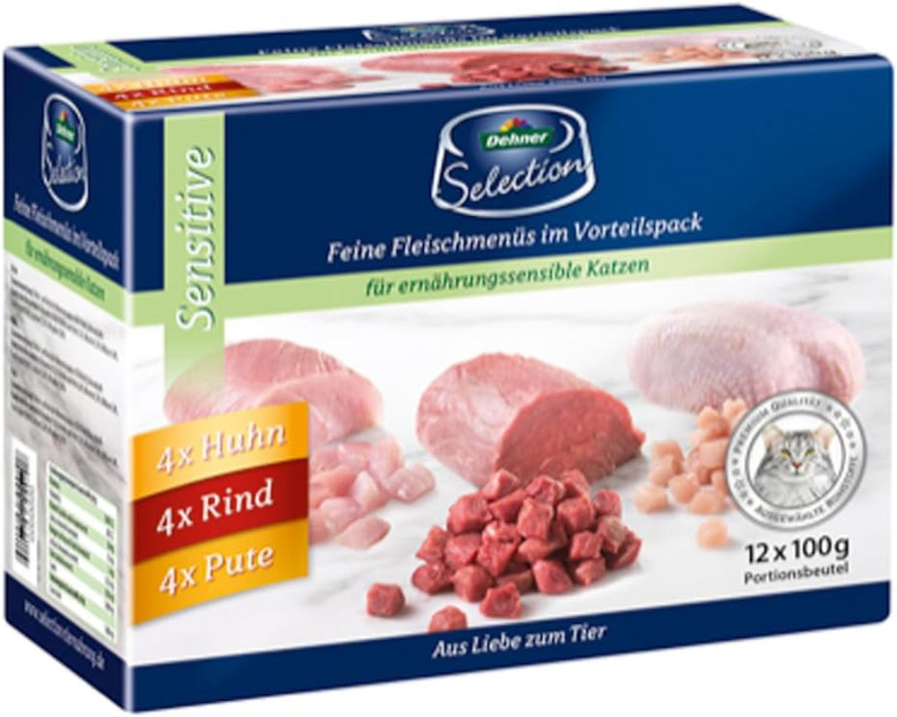 Dehner Premium Katzenfutter Sensitive Multipack, Nassfutter, für ernährungsensible Katzen, je 4 x Huhn / Rind / Pute, 12 x 100 g sáček (1,2 kg)