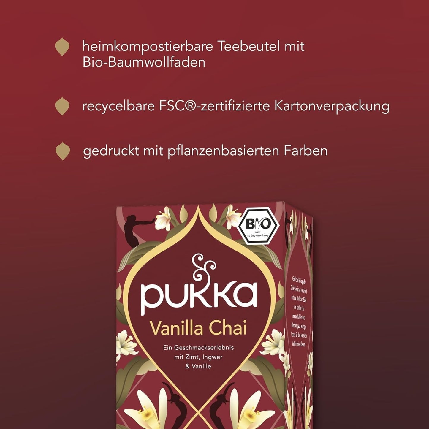 Pukka | Směs organických ochucených čajů "Vanilla Chai" | Skořice, zázvor a vanilka | Čaj pro pochoutku s přírodní sladkostí | Balení po 1 | 20 čajových sáčků