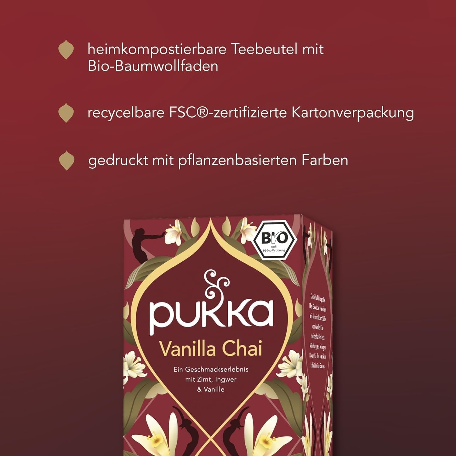 Pukka | Směs organických ochucených čajů "Vanilla Chai" | Skořice, zázvor a vanilka | Čaj pro pochoutku s přírodní sladkostí | Balení po 1 | 20 čajových sáčků