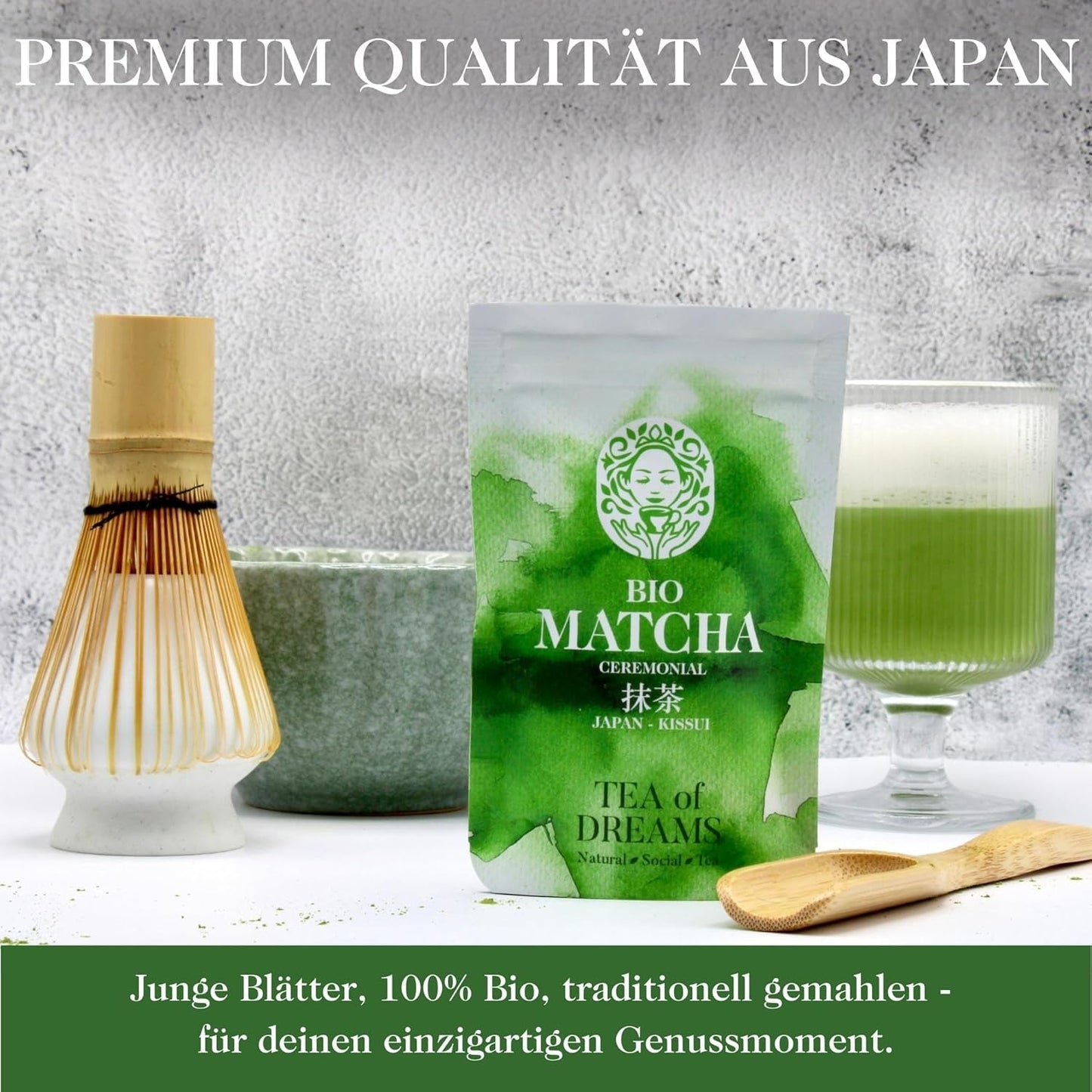 Organický prášek Matcha na čaj a Matcha Latte – prémiová obřadní kvalita z Japonska – originální zelený čaj Kissui – 30 g