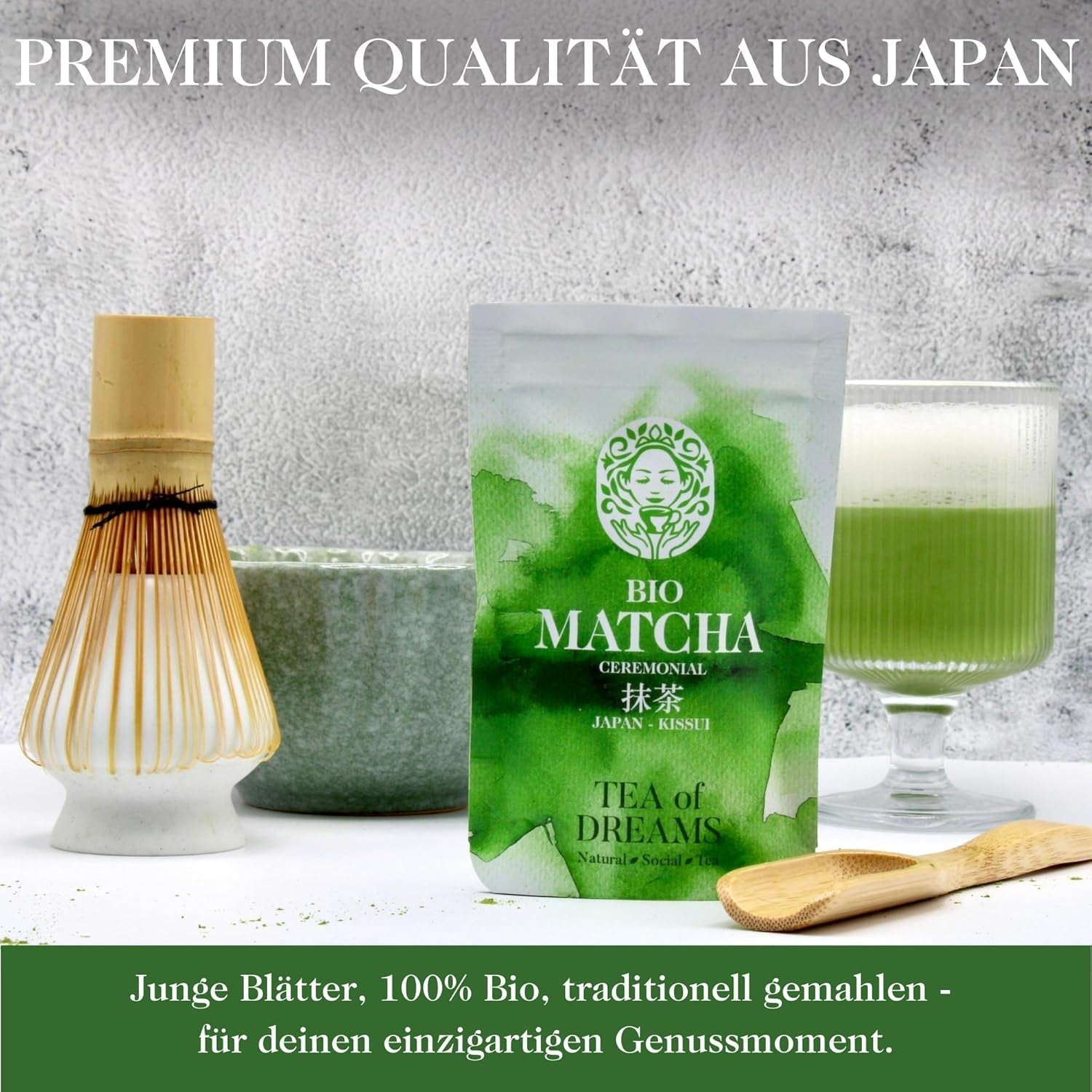 Organický prášek Matcha na čaj a Matcha Latte – prémiová obřadní kvalita z Japonska – originální zelený čaj Kissui – 30 g