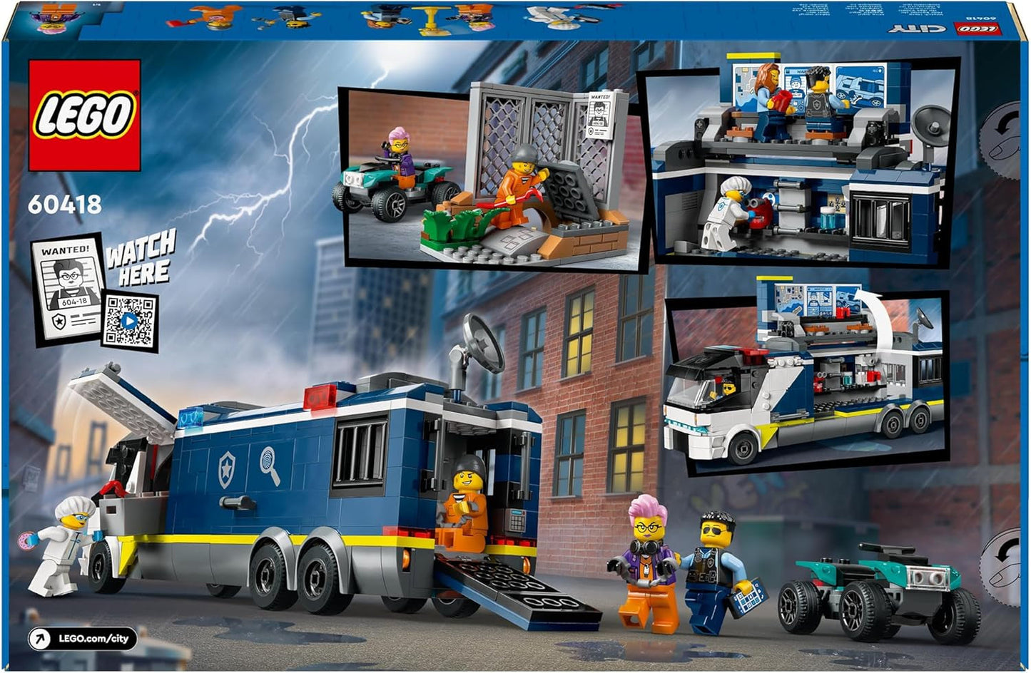 Policejní náklaďák LEGO City s laboratoří, policejní čtyřkolkou a náklaďákem pro děti, dárek pro chlapce a dívky od 7 let, navíc 5 minifigurek – 2 policisté, 1 vědec a 2 podvodníci 60418 Stavebnice Beuche den LEGO-Store