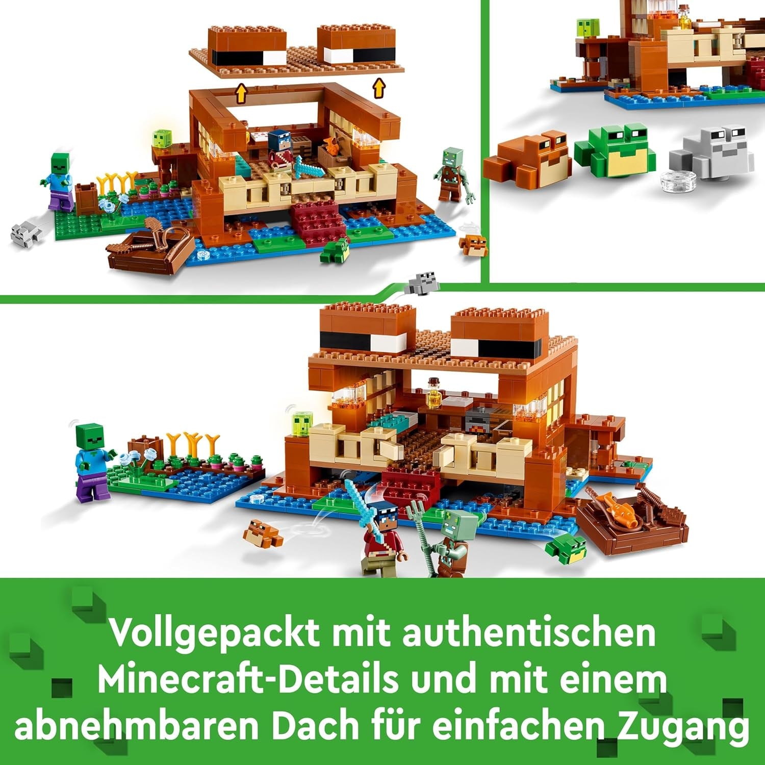 LEGO Minecraft The Frog House, domeček na hraní s figurkami včetně zombie, slizu a tonoucího muže, plus doplňky, jako je hračka člun a pracovní stůl, dárek pro chlapce a dívky od 8 let 21256 Stavebnice Besuche den LEGO-Store