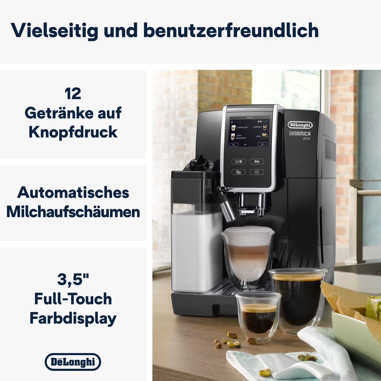 De'Longhi Dinamica Plus ECAM 370.70.B Plně automatický kávovar na espresso s mlékem, cappuccinem a espressem LatteCrema, 3,5palcový TFT barevný dotykový displej a ovládání aplikací, funkce kávy, černá