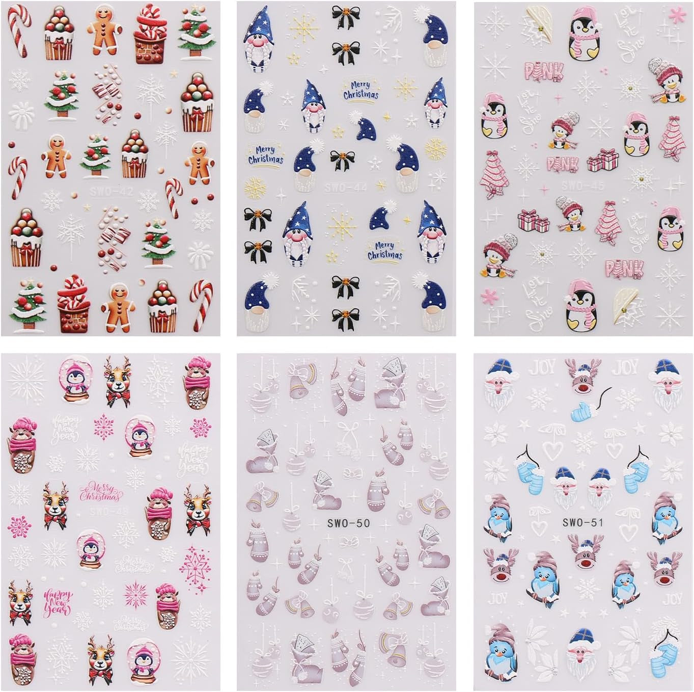 JMEOWIO Nagelsticker Weihnachten 6 Blatt Nail Art Sticker Selbtklebend Nagelaufkleber Schneeflocke Winter Urlaub Süß Dekoration Nageldesign Zubehör