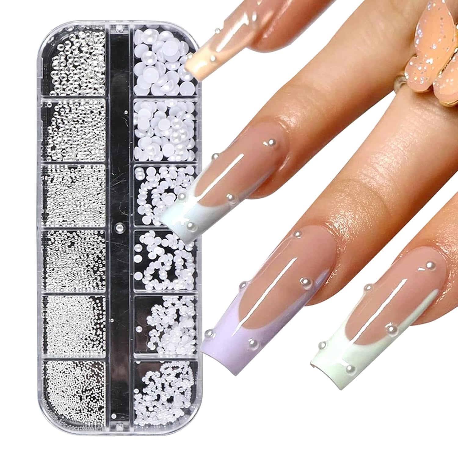 GZSY Nail Art Strasssteine ​​​​Nagel Perlen Weiß 12 Raster Nagel Charms Nageldesign Zubehör Perle Nail Art
