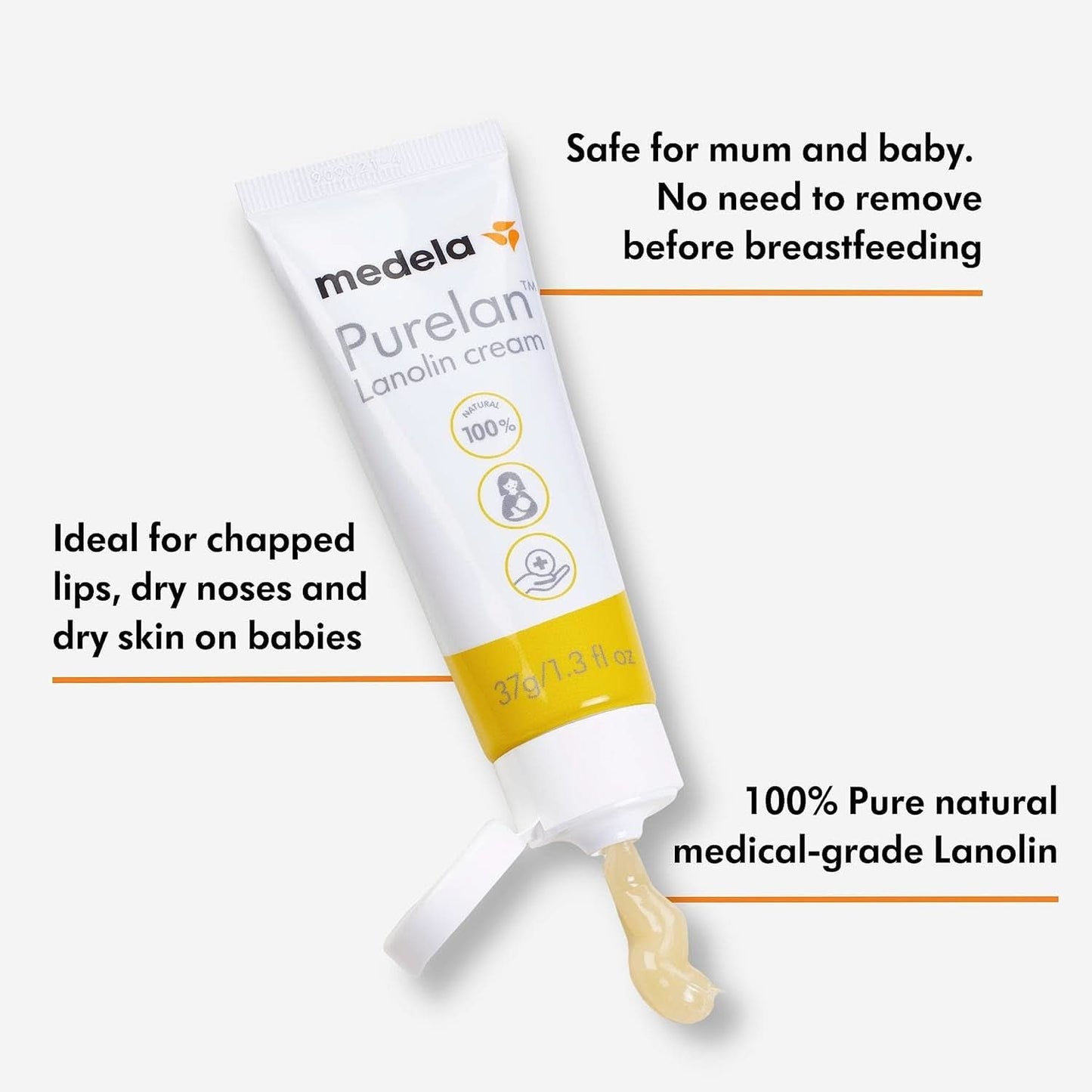 Medela Purelan 37G Lanolin Nipple Cream - krém na bolavé bradavky a suchou pokožku, 100% přírodní, hypoalergenní Příslušenství Potraviny a kojení Bebe Naty Shop