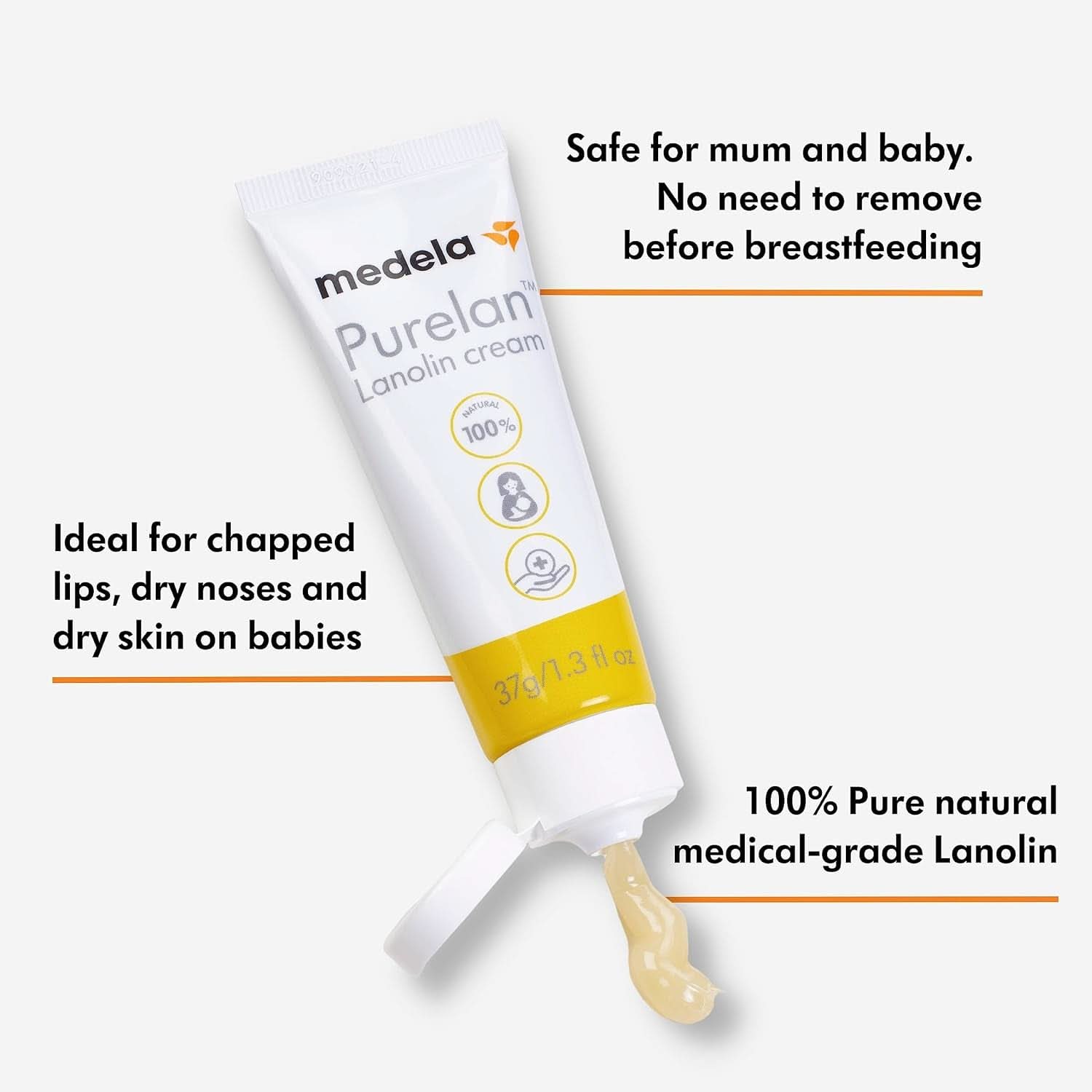 Medela Purelan 37G Lanolin Nipple Cream - krém na bolavé bradavky a suchou pokožku, 100% přírodní, hypoalergenní Příslušenství Potraviny a kojení Bebe Naty Shop