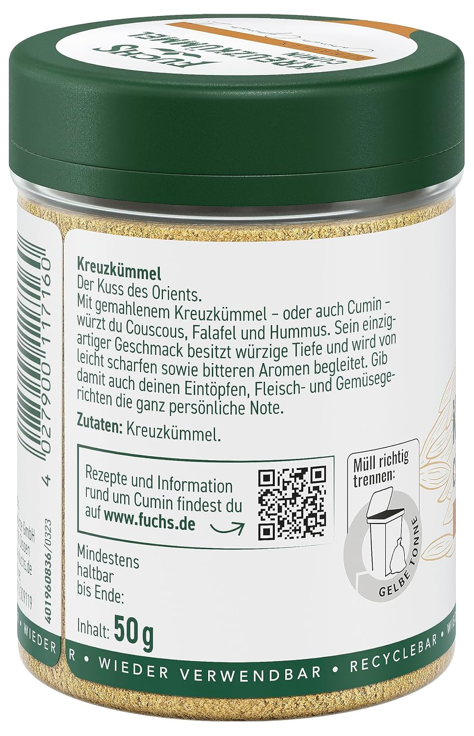 Fuchs Gewürze - Kreuzkümmel gemahlen - zum Würzen von Couscous, Hummus und Falafel - přírodní složky - 50 g v wiederverwendbarer, recyclebarer Dávka