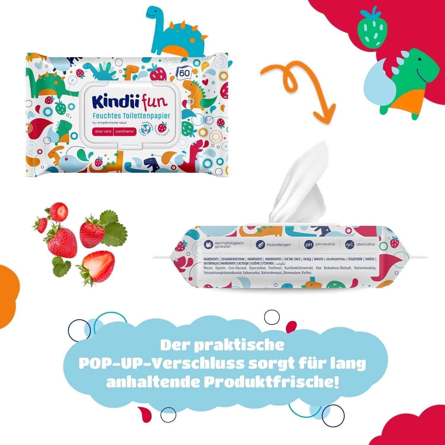 Kindii Fun Wet Toalet Paper - (10X60 kusů) Wet Toalet Paper - Heřmánek, Aloe Vera, Ph-neutrální, voděodolný, Osvěžuje intimní oblast - 600 kusů
