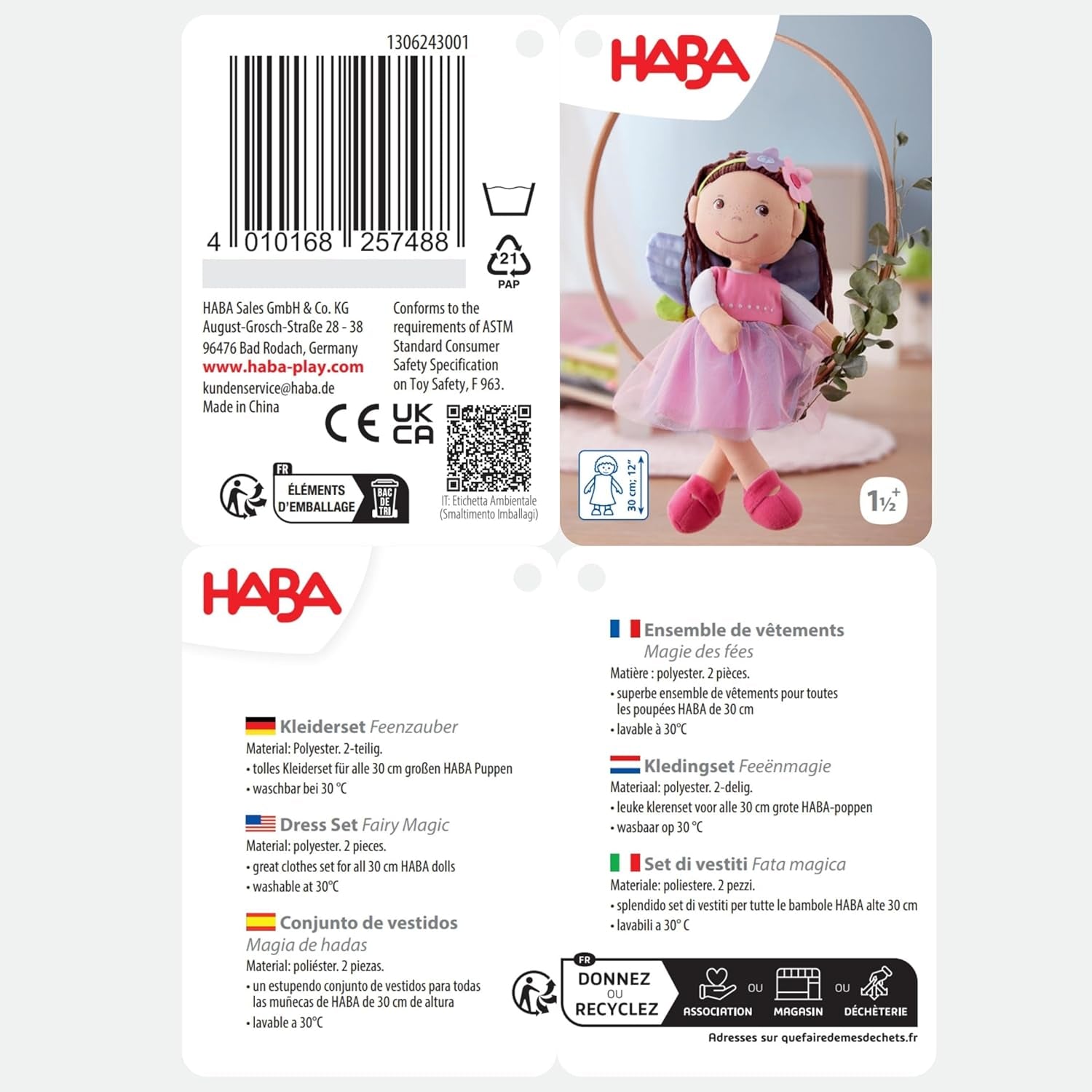 Oblečení kouzelné panenky HABA Fairy - 2dílná sada pro 18 měsíců a panenky (30 cm) - Tylové šaty s křídly, květinový pásek do vlasů v ceně - 1306243001