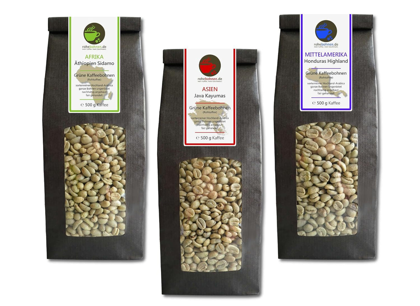 Surová káva - Bio Etiopie, Jáva, zelená káva Honduras (snížené balení zelených kávových zrn 3x500g) - certifikace GMP