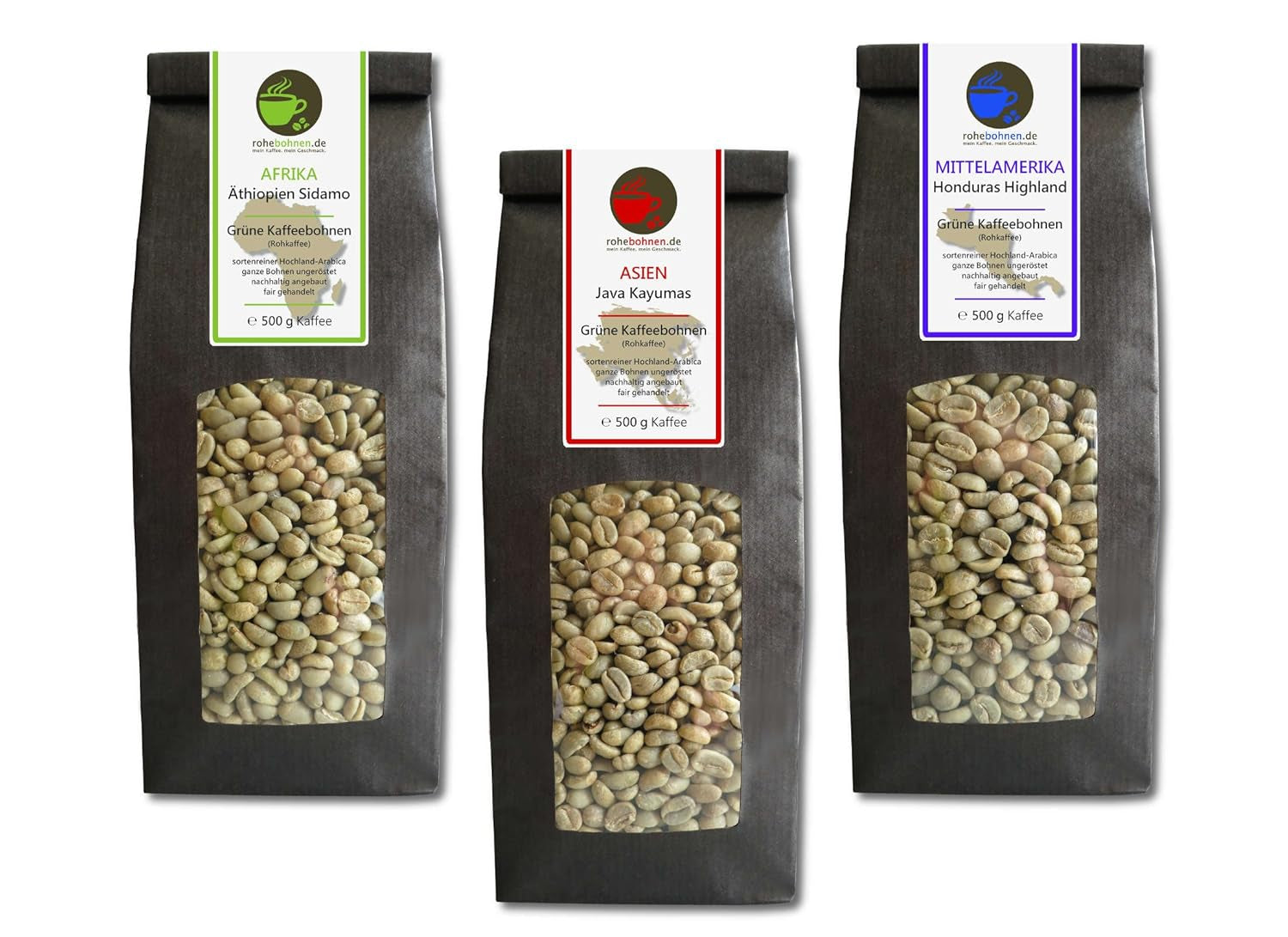 Surová káva - Bio Etiopie, Jáva, zelená káva Honduras (snížené balení zelených kávových zrn 3x500g) - certifikace GMP