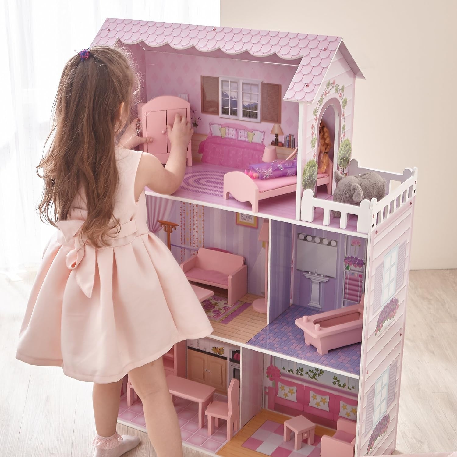 Obří domeček pro panenky Olivia's Small World, velký dřevěný domeček pro panenky s nábytkem a doplňky, 3patrový domeček pro panenky pro děti, domeček pro panenky 12", 3 roky + domečky pro panenky Naty Shop