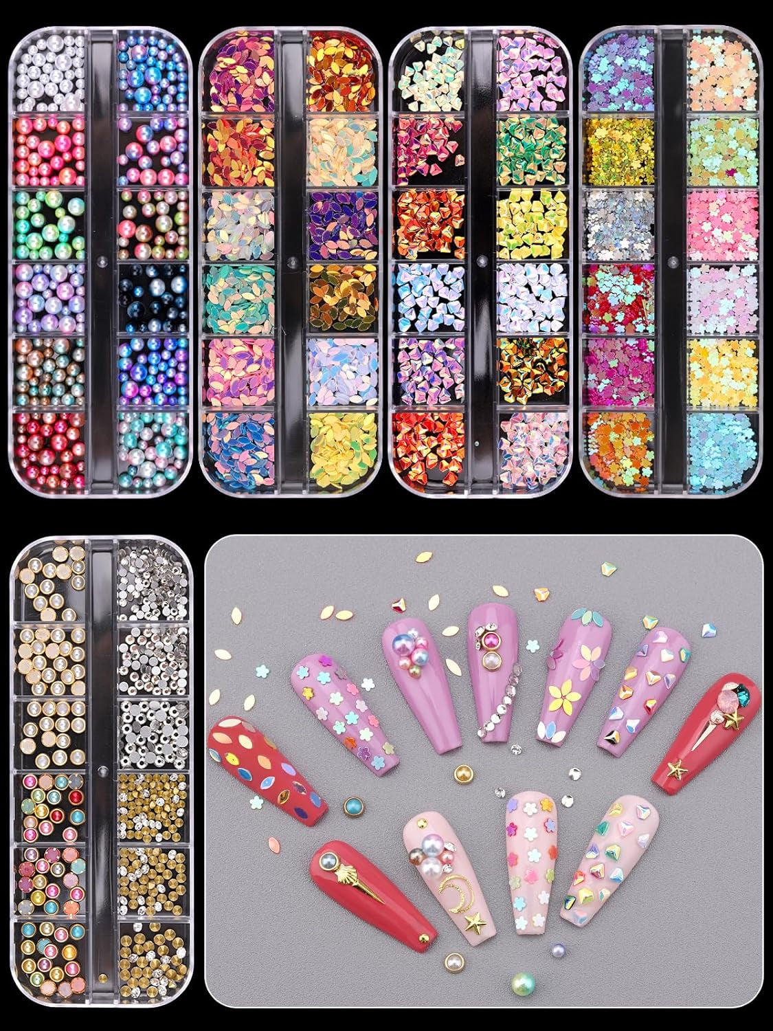 EBANKU Nail Art Strass Kit Multi Design Zubehör Mit 1 Pinzetten 1 Stück Wachsstifte Deko Diamanten Kristalle Perlen Edelsteine ​​​​Bunt Pferdeaugen Strass Metall Nieten Für Nagel DIY (1 kus (10Er Pack))