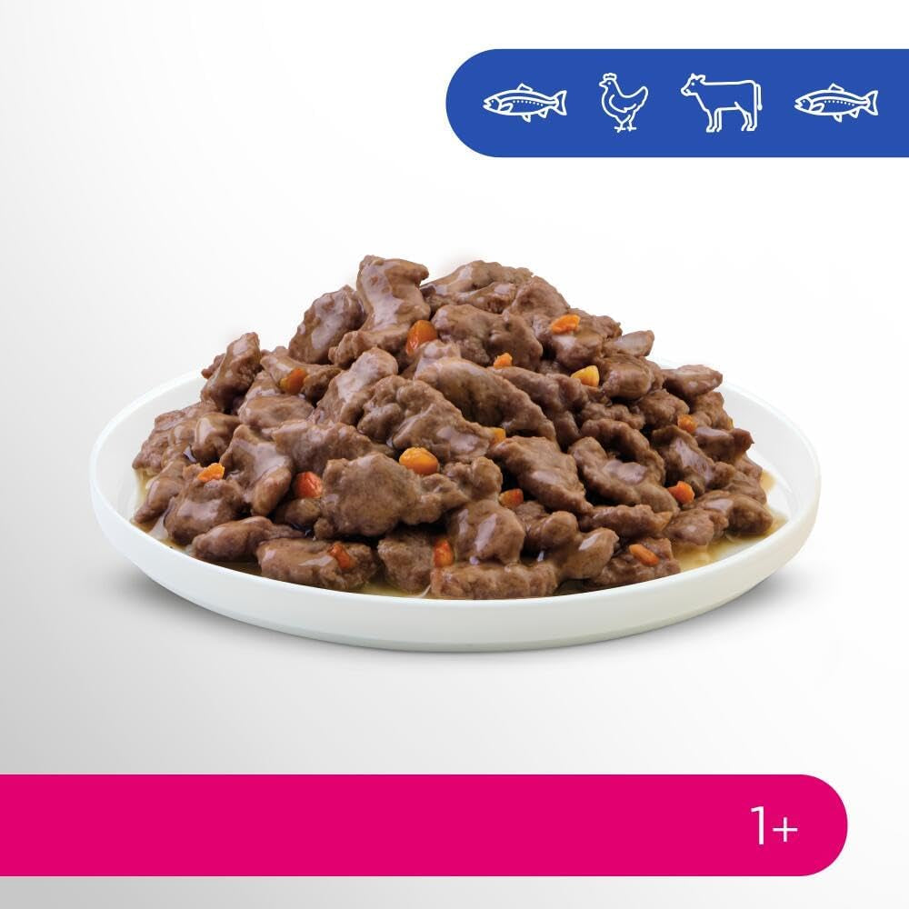 Perfect Fit Adult 1+ výběr mokrého krmiva s lososem, hlubinnými rybami, hovězím a kuřecím masem, 48 sáčků, 12x85g (balení po 4 ks) - Prémiové vlhké krmivo pro dospělé kočky od 1 roku věku